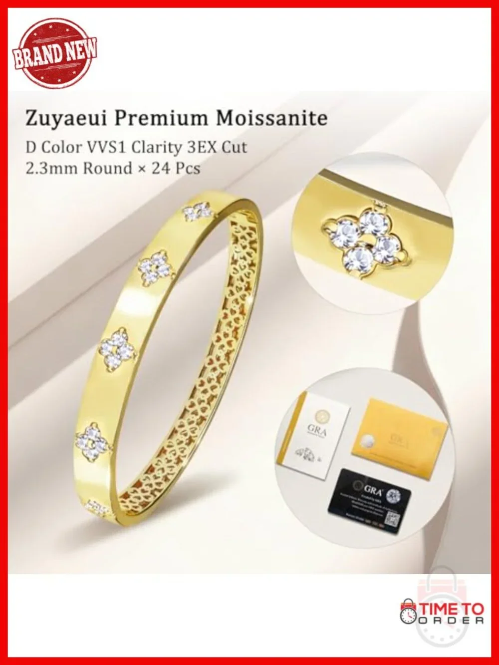 14K Gold Plated Moissanite Clover Bangle Bracelet, D Color VVS1